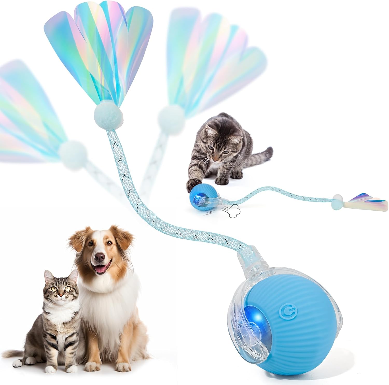 Interactive Cat & Dog Feather Ball Toy with Rolling Bell – Durable Pet Teaser Wand Toy for Cats and Puppies