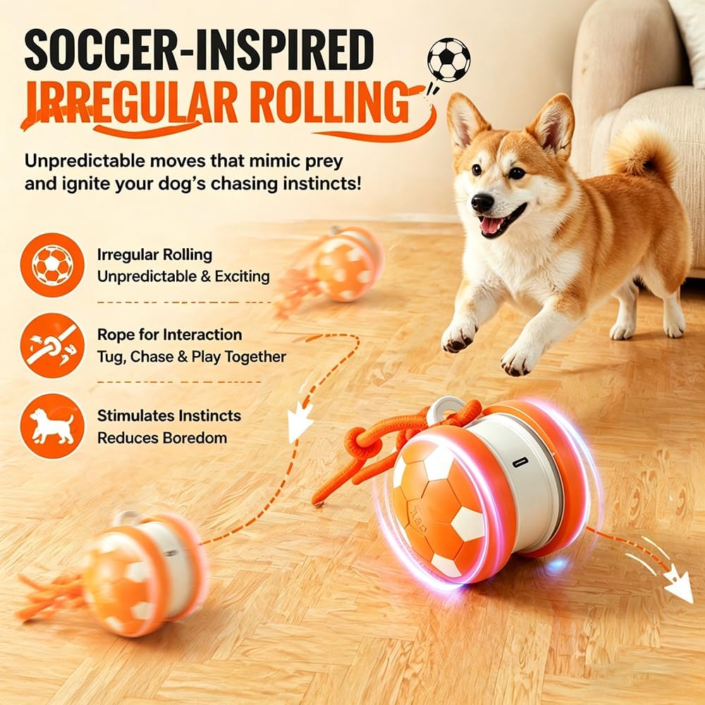 Interactive Squeaky Dog Ball Toy with Rope, Durable Football Design Pet Chew Toy for Fetch and Tug Play, Small & Medium Dogs